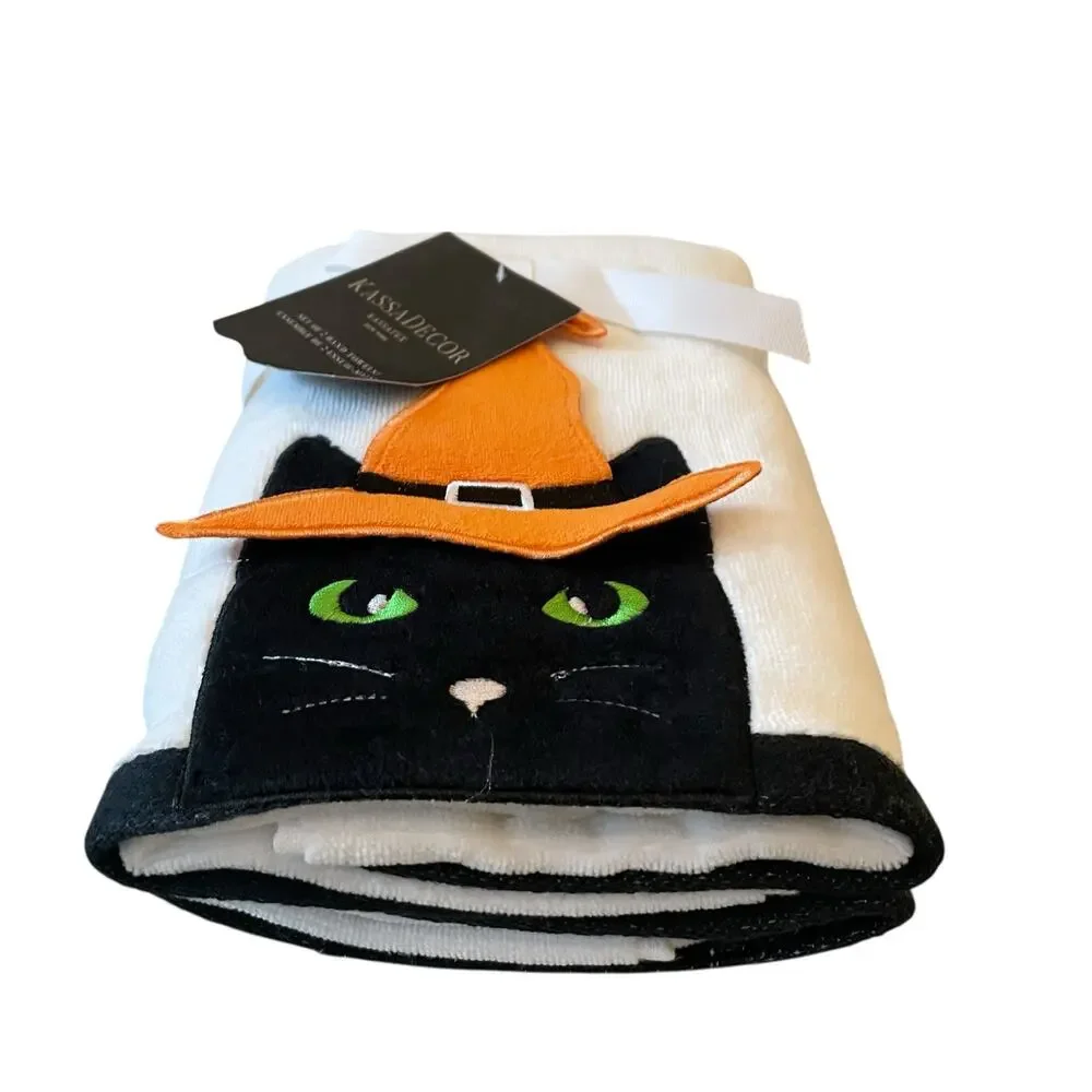 Kassadecor Halloween Witch Cat Hand Towels 18x28 Plush Black & White Set of 2